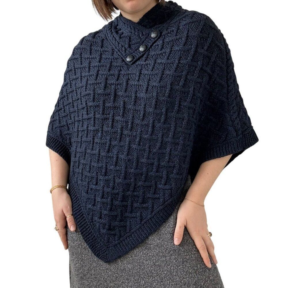 NWOT Navy Blue Irish Fisherman Cable Knit Merino Wool Hippy Cape Poncho S/M